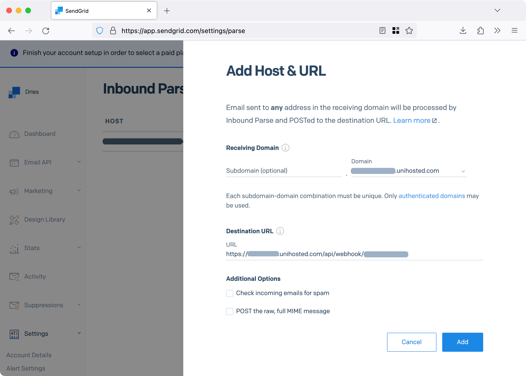 Add Host & URL to Inbound Parse in SendGrid